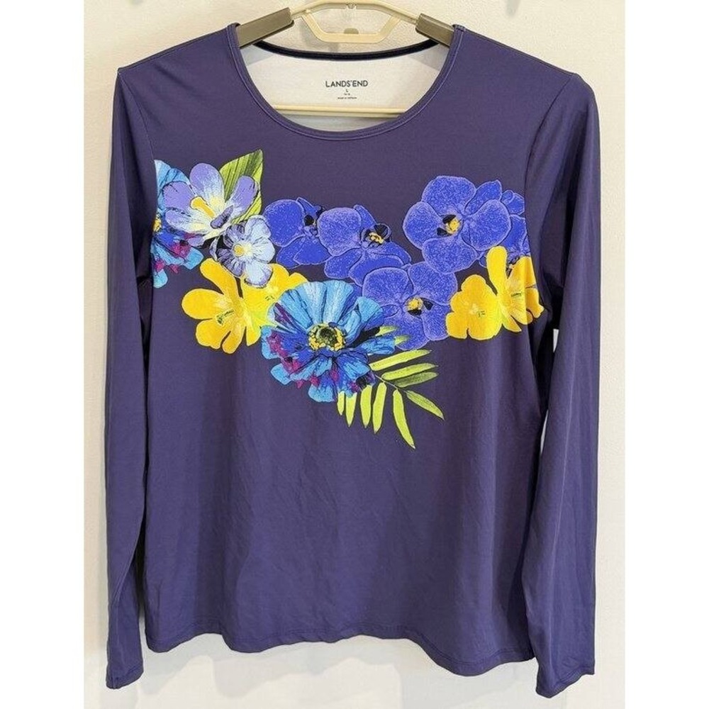 Lands End Dark Purple Blue Yellow Blue Floral Long Sleeve Rash Guard L 14 16